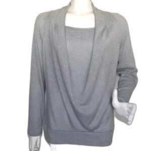 CHICO'S Sweater, 2/L, Silvery Gray, Drape Neck, Long sleeves, Metallic flecked